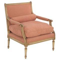 French Louis XVI Style Pink Upholstered Painted Armchair, circa 1940s