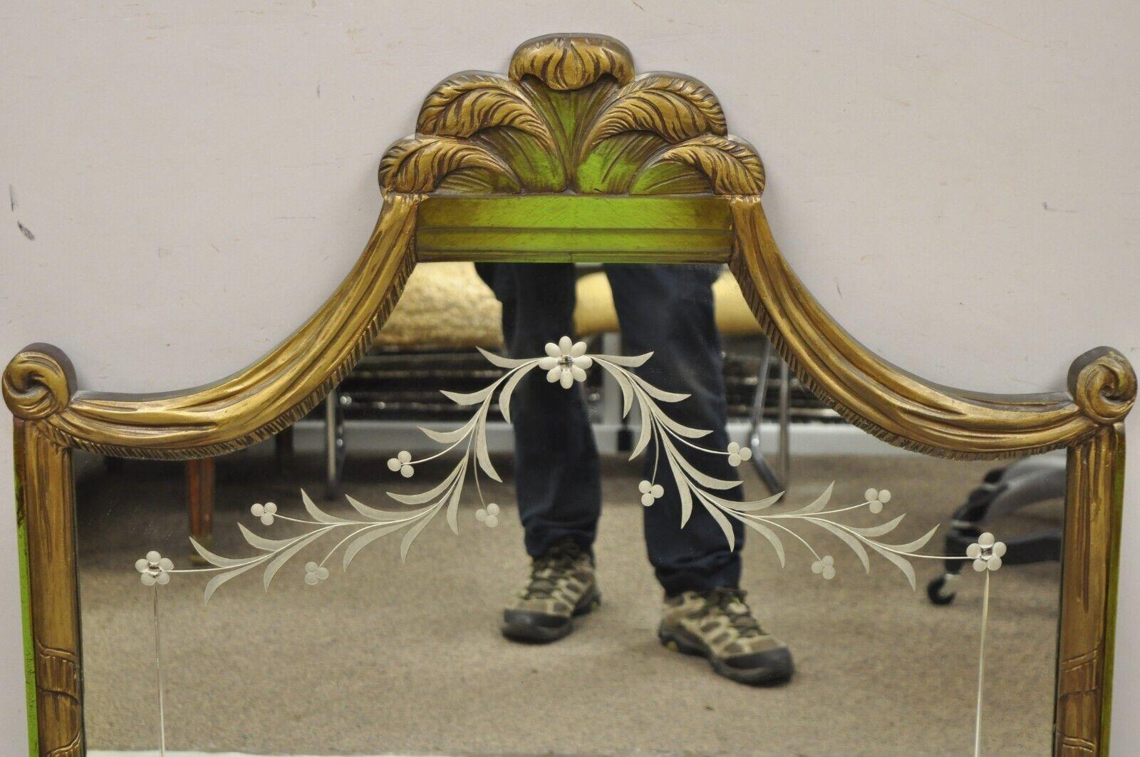 French Louis XVI Style Plume Swan Carved Green Painted Leafy Etched Wall Mirror In Good Condition For Sale In Philadelphia, PA