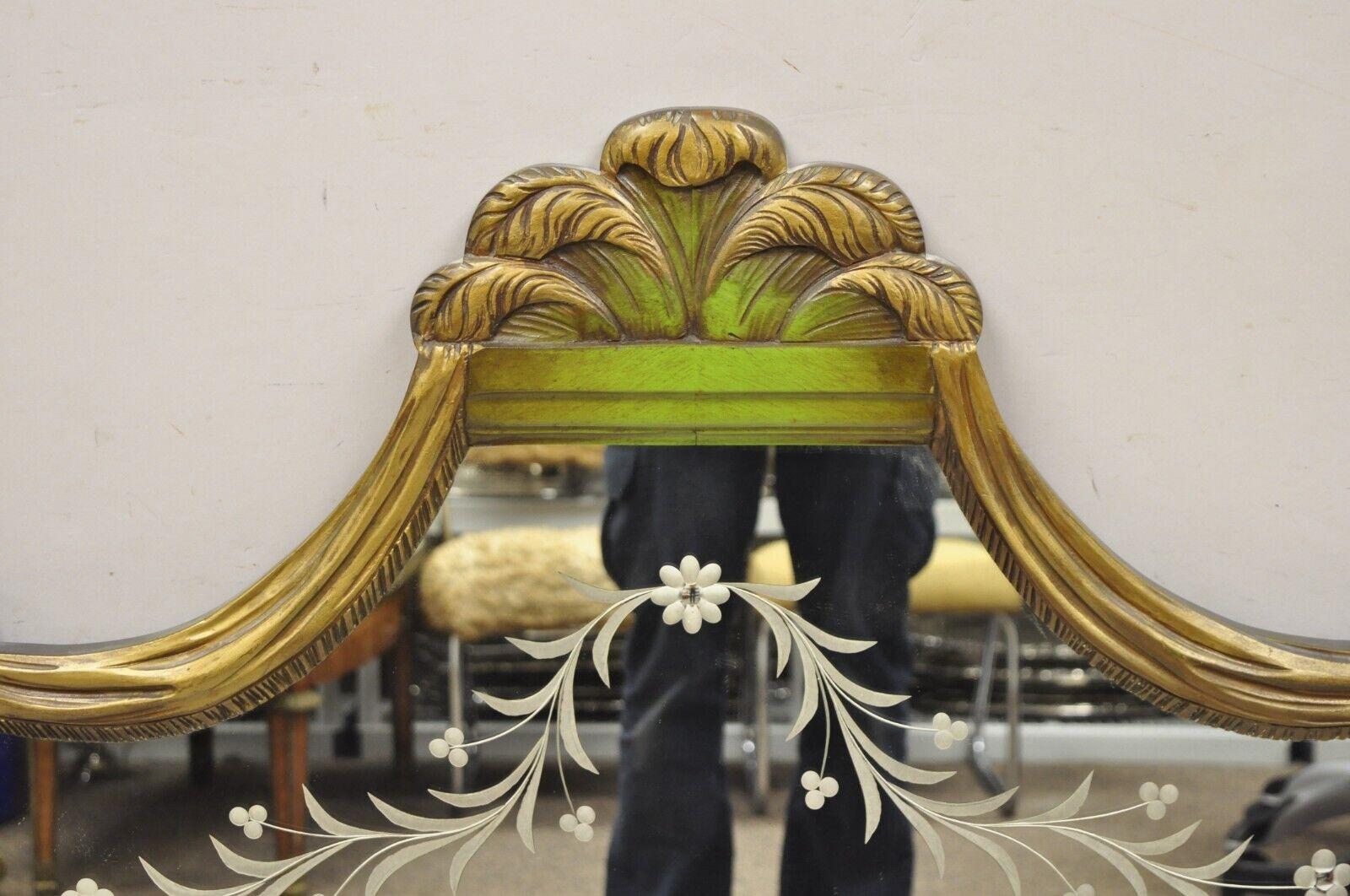 Glass French Louis XVI Style Plume Swan Carved Green Painted Leafy Etched Wall Mirror For Sale