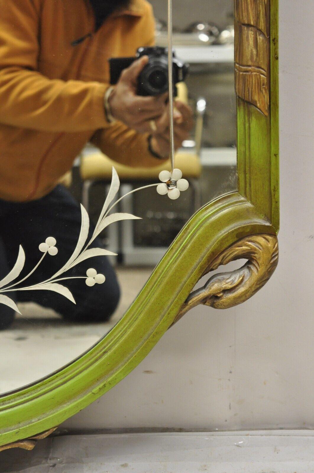 French Louis XVI Style Plume Swan Carved Green Painted Leafy Etched Wall Mirror For Sale 1