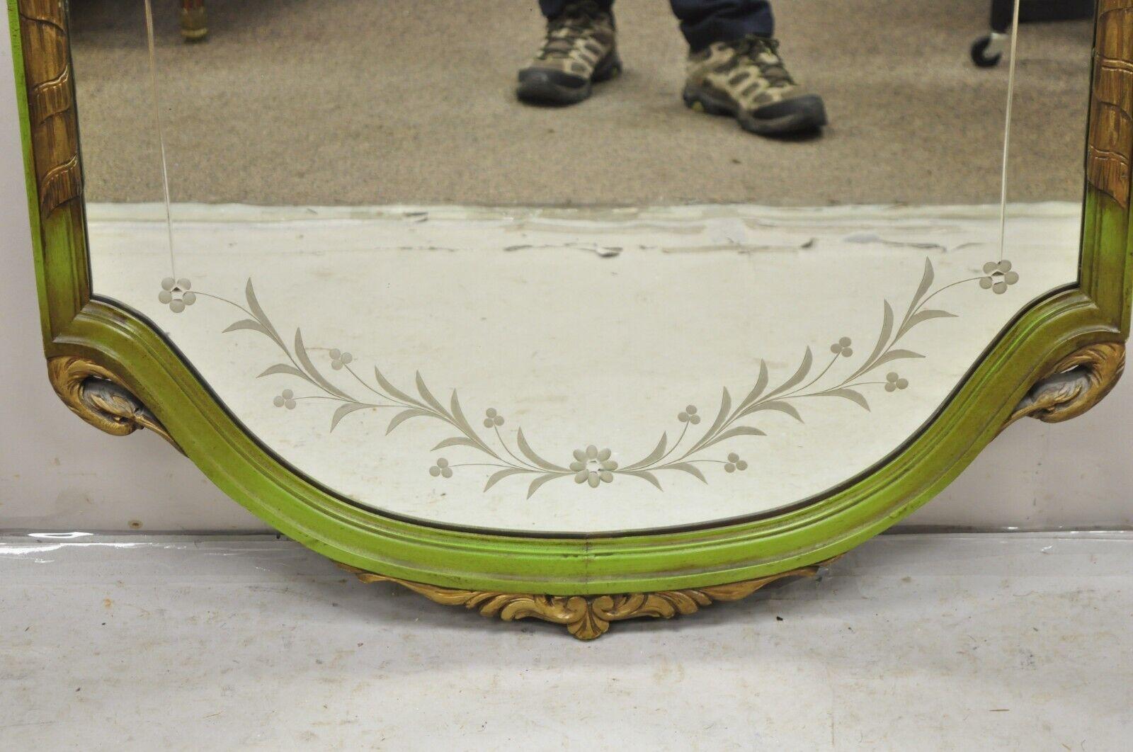 French Louis XVI Style Plume Swan Carved Green Painted Leafy Etched Wall Mirror For Sale 2