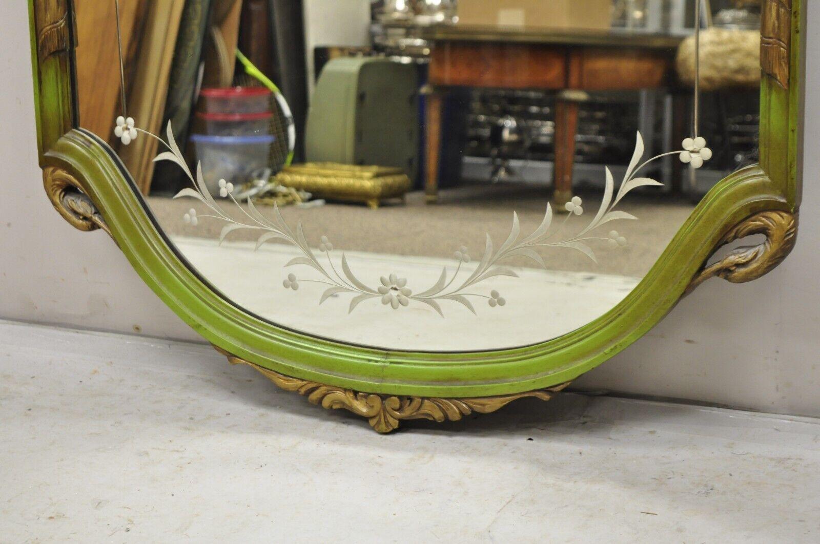 French Louis XVI Style Plume Swan Carved Green Painted Leafy Etched Wall Mirror For Sale 4
