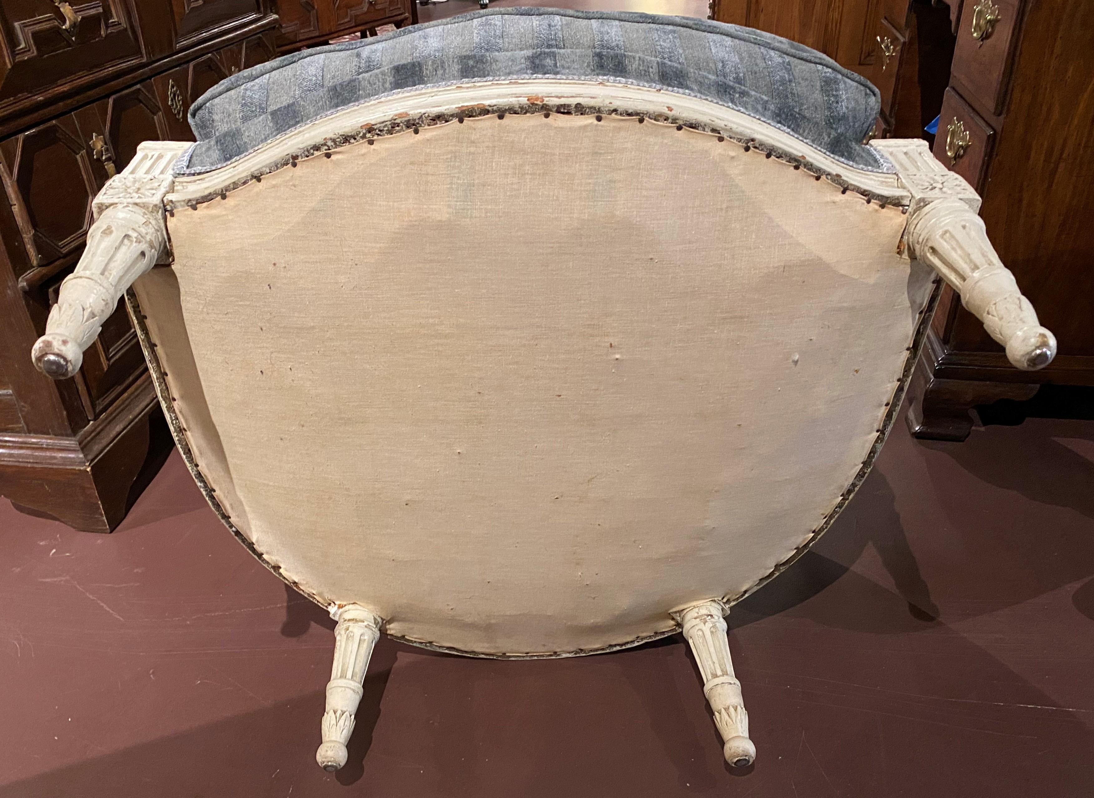 French Louis XVI Style Polychrome Armchair in Blue Velvet Upholstery 8
