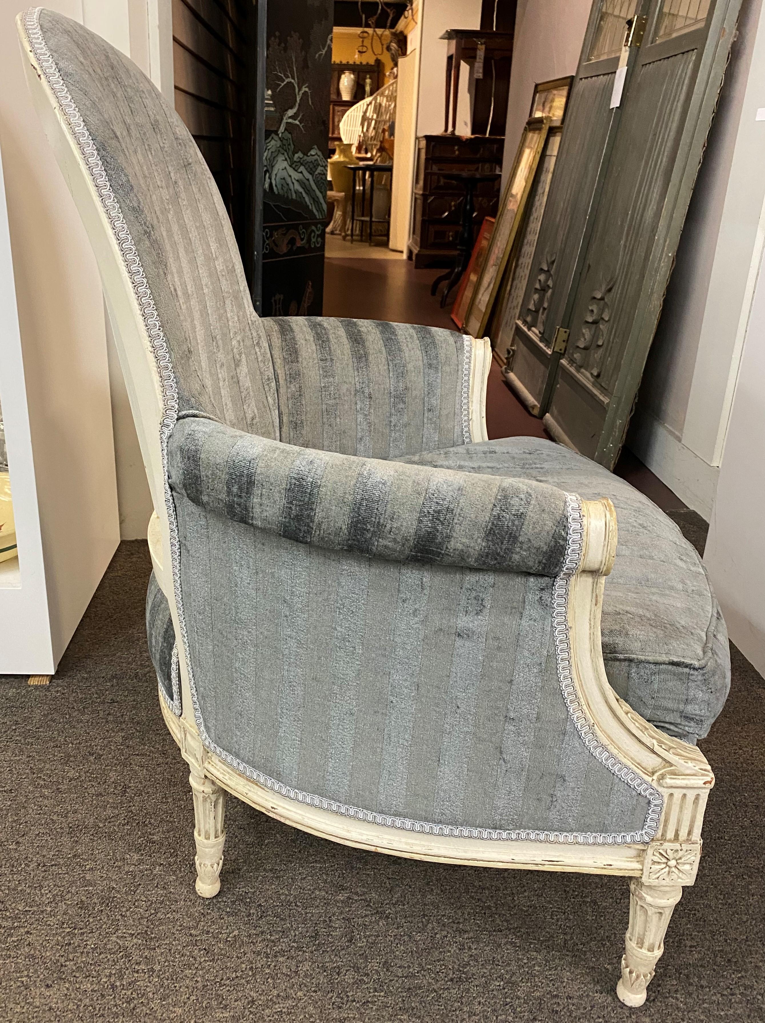 French Louis XVI Style Polychrome Armchair in Blue Velvet Upholstery In Good Condition In Milford, NH