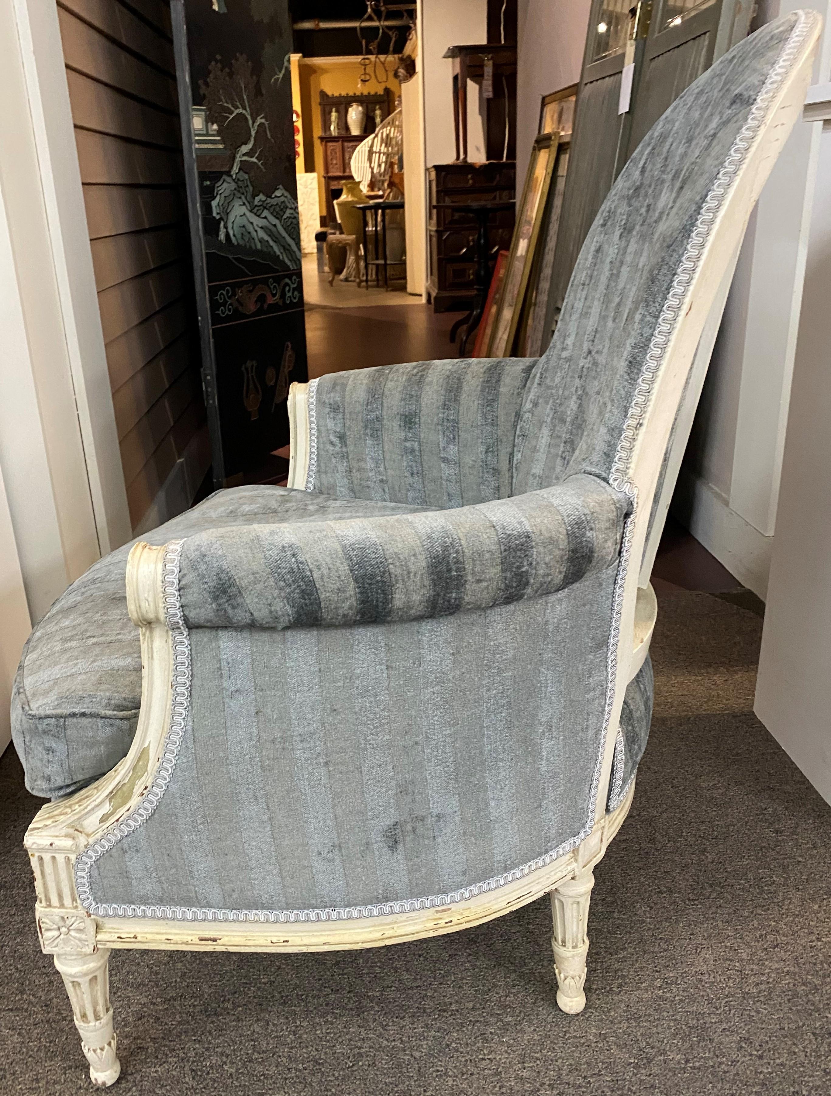 French Louis XVI Style Polychrome Armchair in Blue Velvet Upholstery 3
