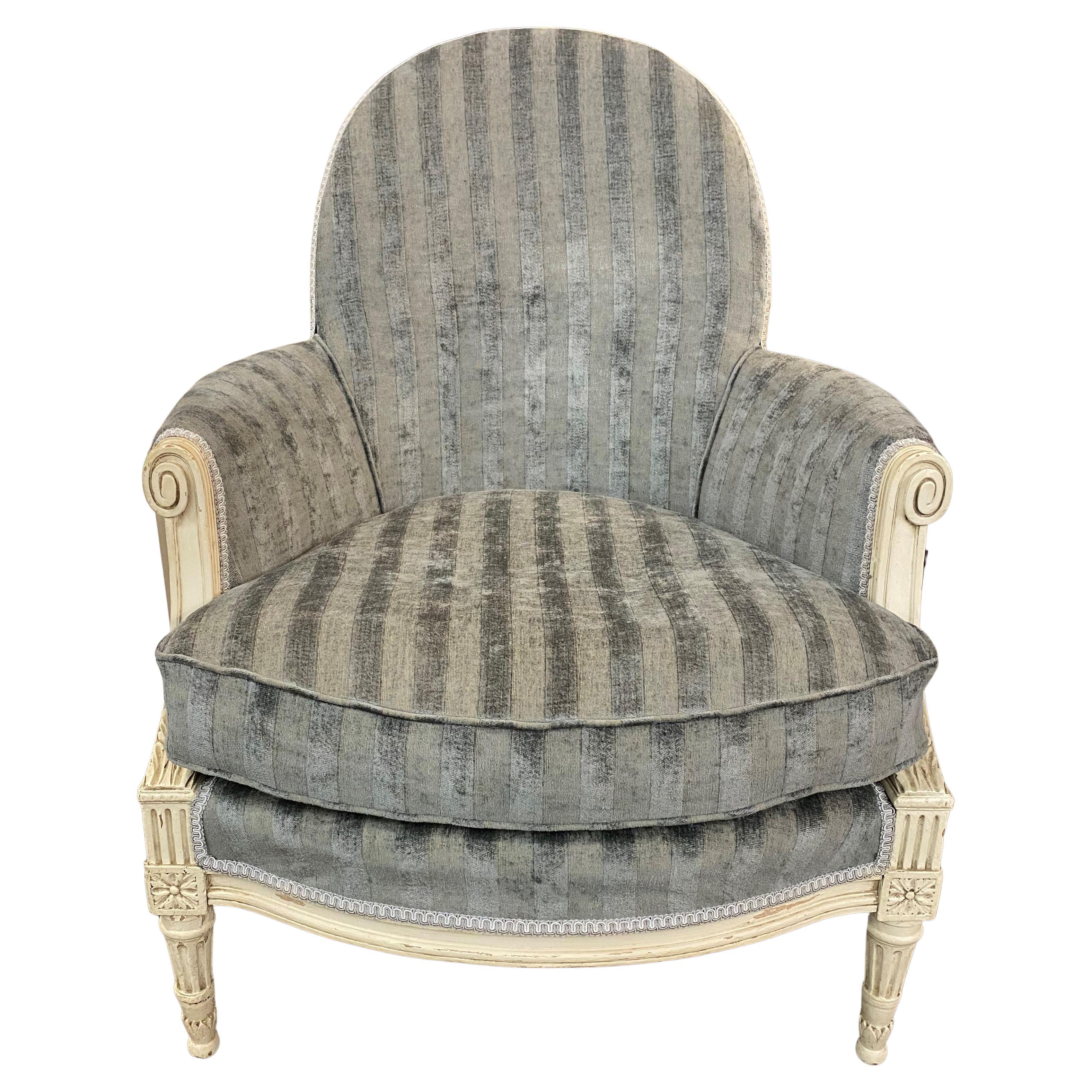 French Louis XVI Style Polychrome Armchair in Blue Velvet Upholstery