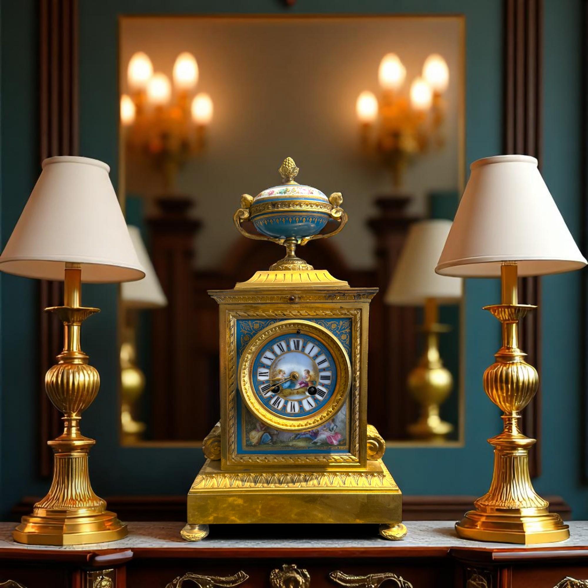 Francese Orologio da camino francese in porcellana e bronzo dorato in stile Luigi XVI, XIX secolo in vendita