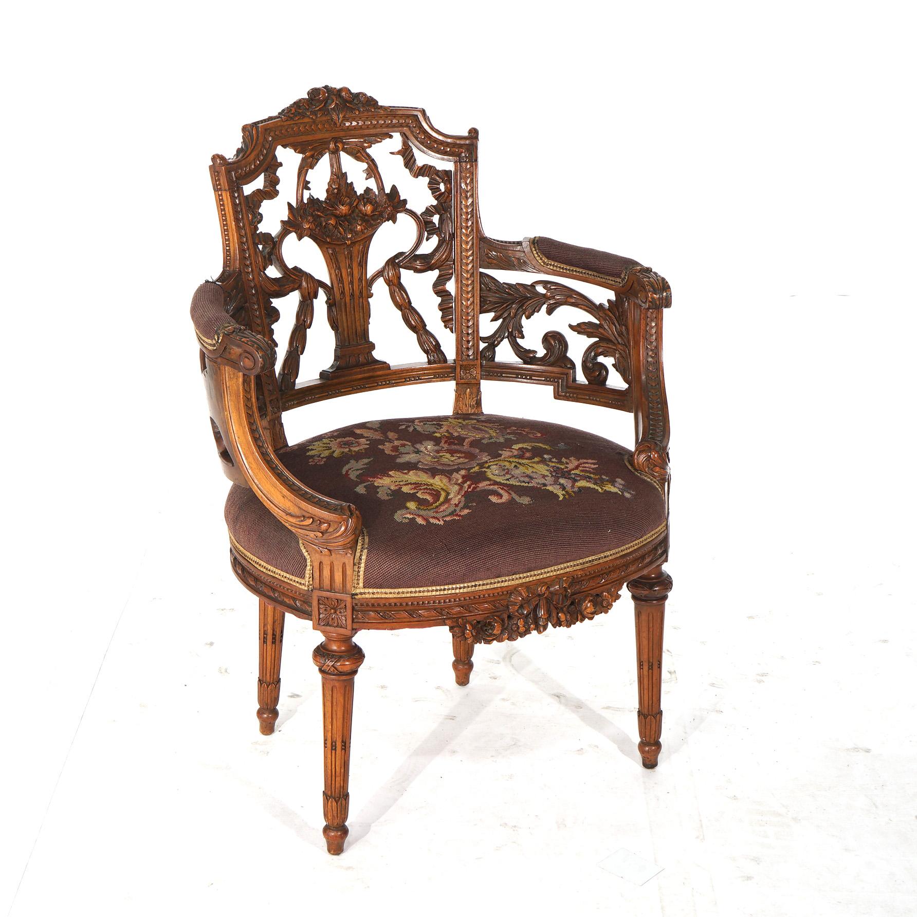 Sedia a botte in stile Luigi XVI in noce intagliato e reticolato con cuscino ad aghi C1920

Misure - 36