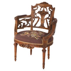 French Louis XVI Style Reticulated Carved Walnut Panier de Fleur Barrel Chair