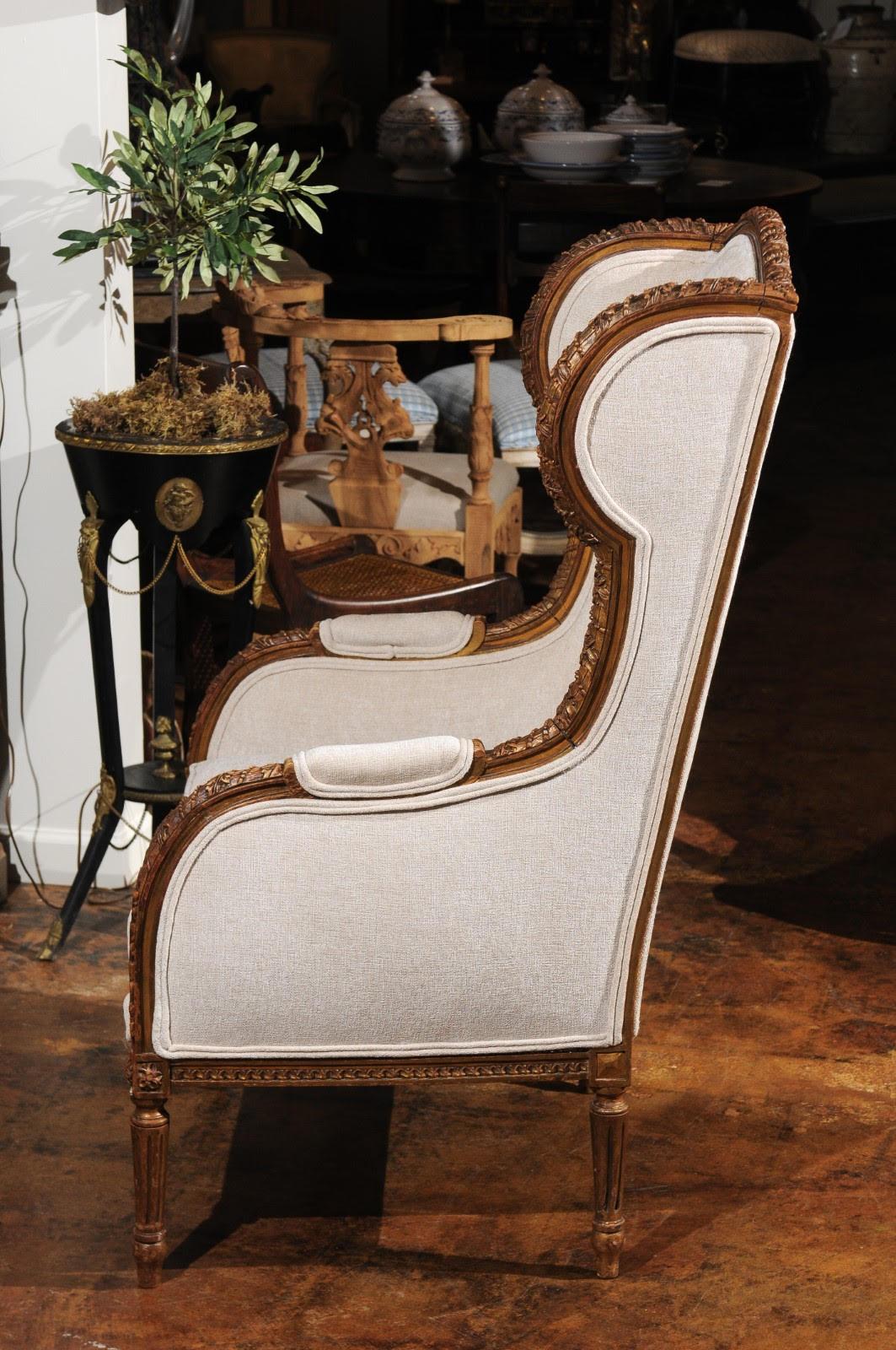 19th Century French Louis XVI Style Richly Hand Carved Wingback Chair with New Upholstery