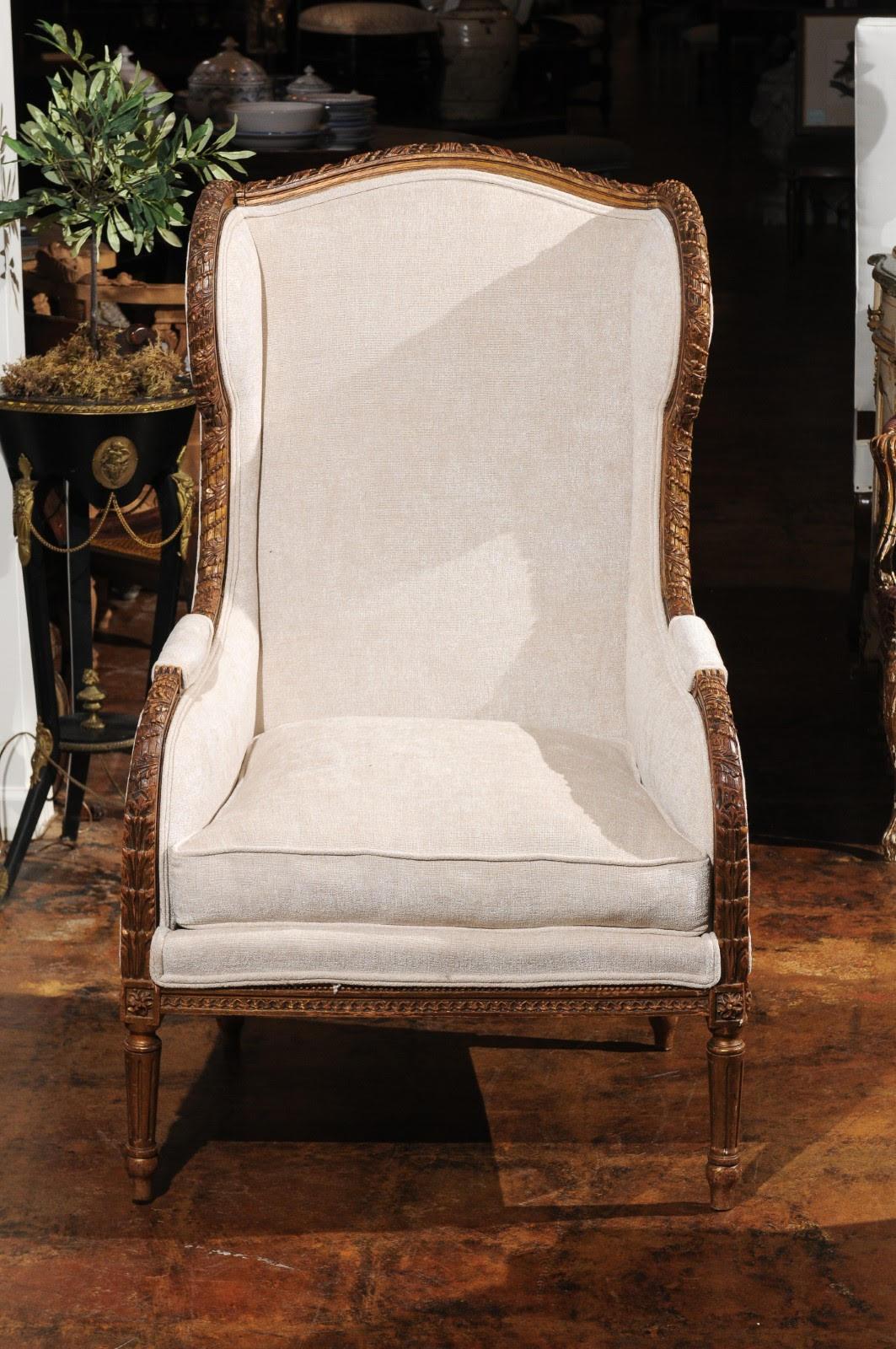 French Louis XVI Style Richly Hand Carved Wingback Chair with New Upholstery 1