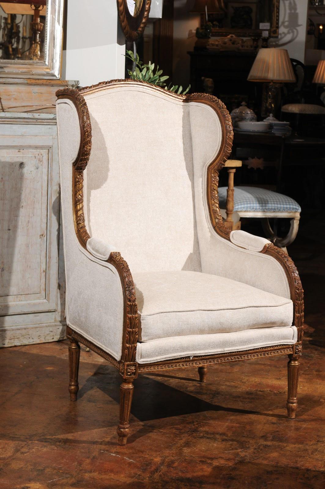 French Louis XVI Style Richly Hand Carved Wingback Chair with New Upholstery 2