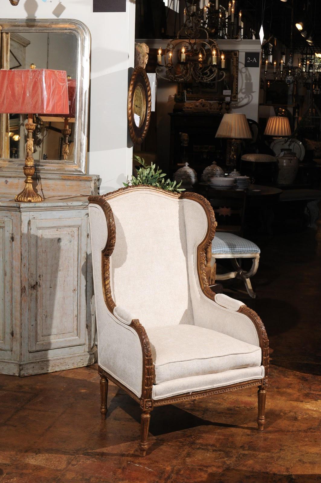 French Louis XVI Style Richly Hand Carved Wingback Chair with New Upholstery 3