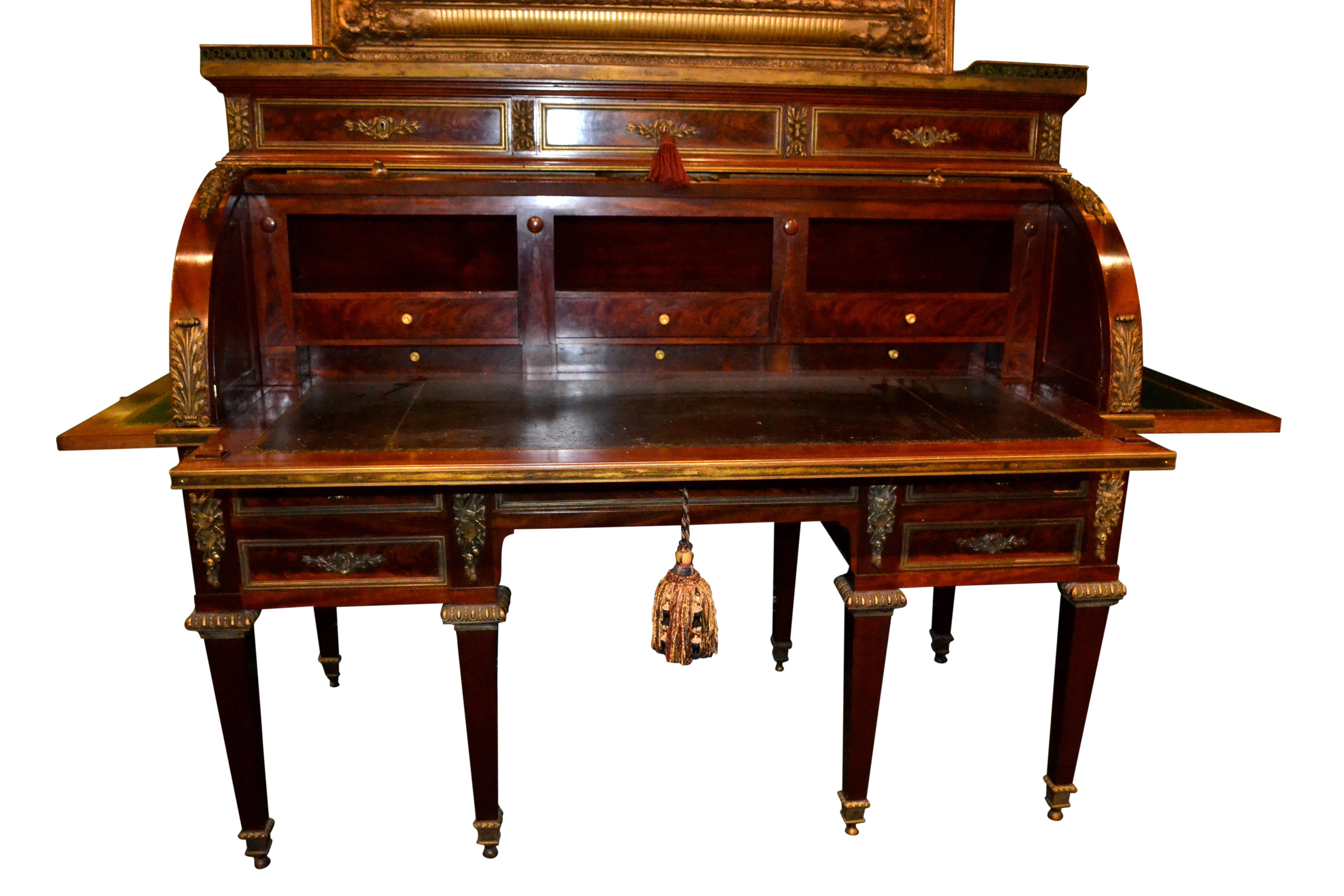 Carved French Louis XVI Style Roll Top Desk in Mahogany and Gilt Bronze For Sale