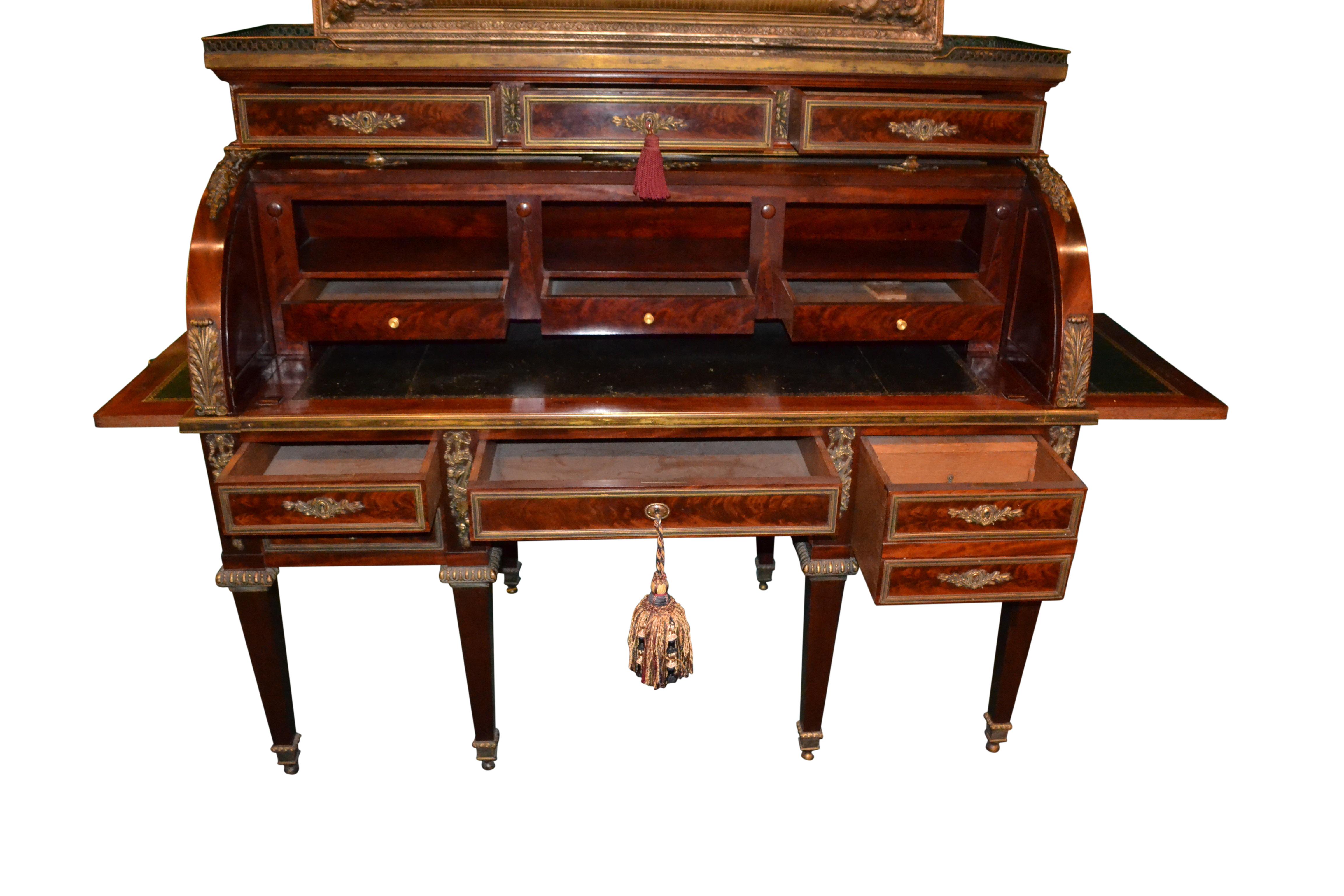 Late 19th Century French Louis XVI Style Roll Top Desk in Mahogany and Gilt Bronze For Sale