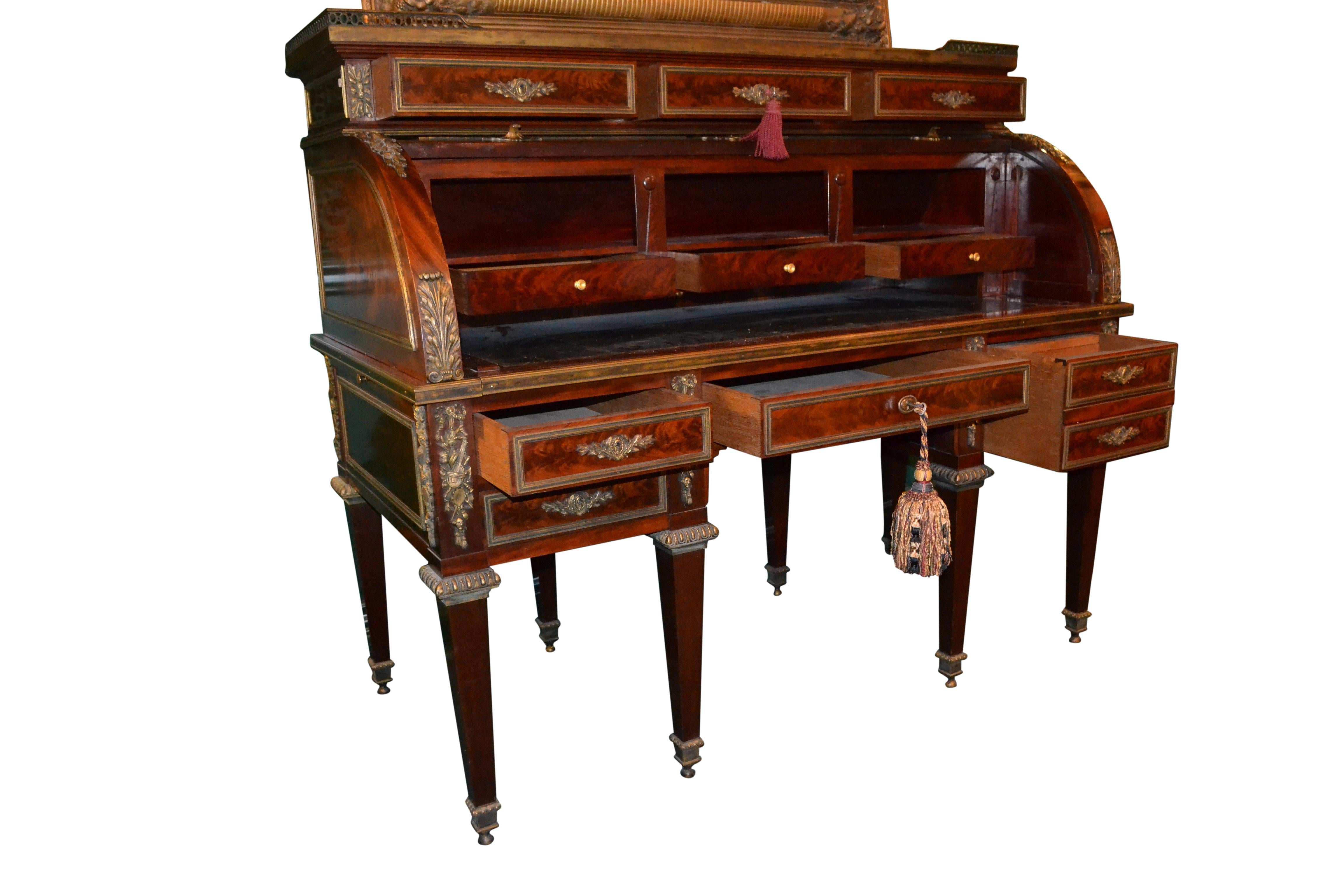 French Louis XVI Style Roll Top Desk in Mahogany and Gilt Bronze For Sale 1