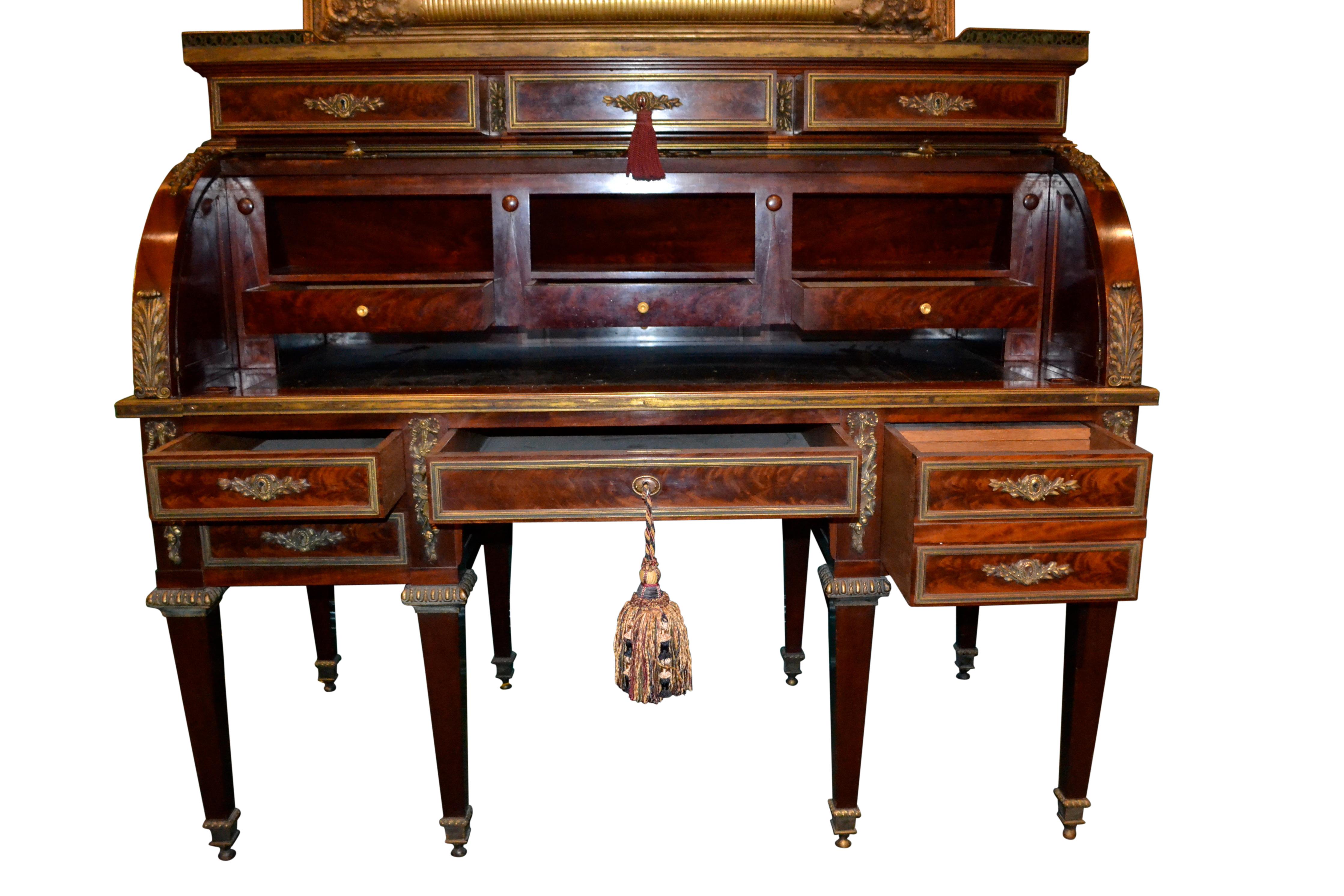 French Louis XVI Style Roll Top Desk in Mahogany and Gilt Bronze For Sale 2