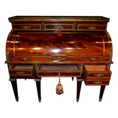 French Louis XVI Style Roll Top Desk in Mahogany and Gilt Bronze