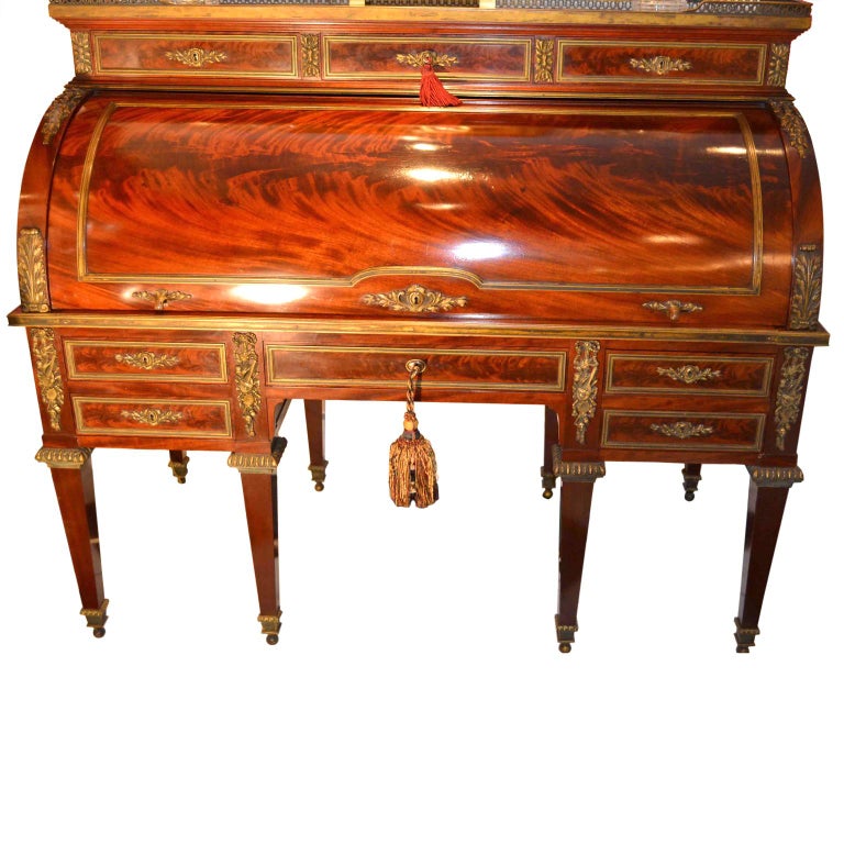 French Louis Xvi Style Roll Top Desk In Mahogany And Gilt Bronze