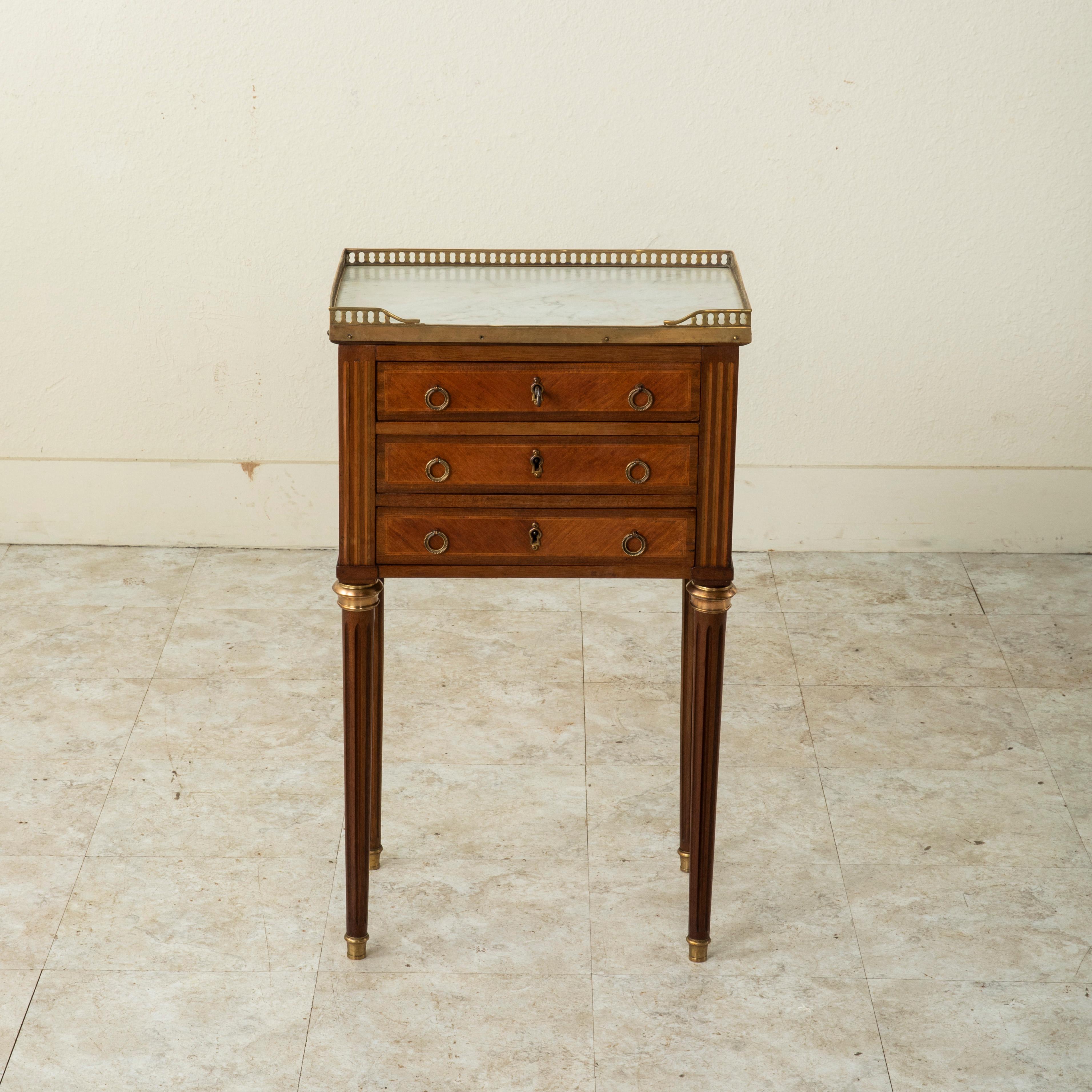 French Louis XVI Style Rosewood Marquetry Side Table, End Table with Marble Top In Good Condition In Fayetteville, AR