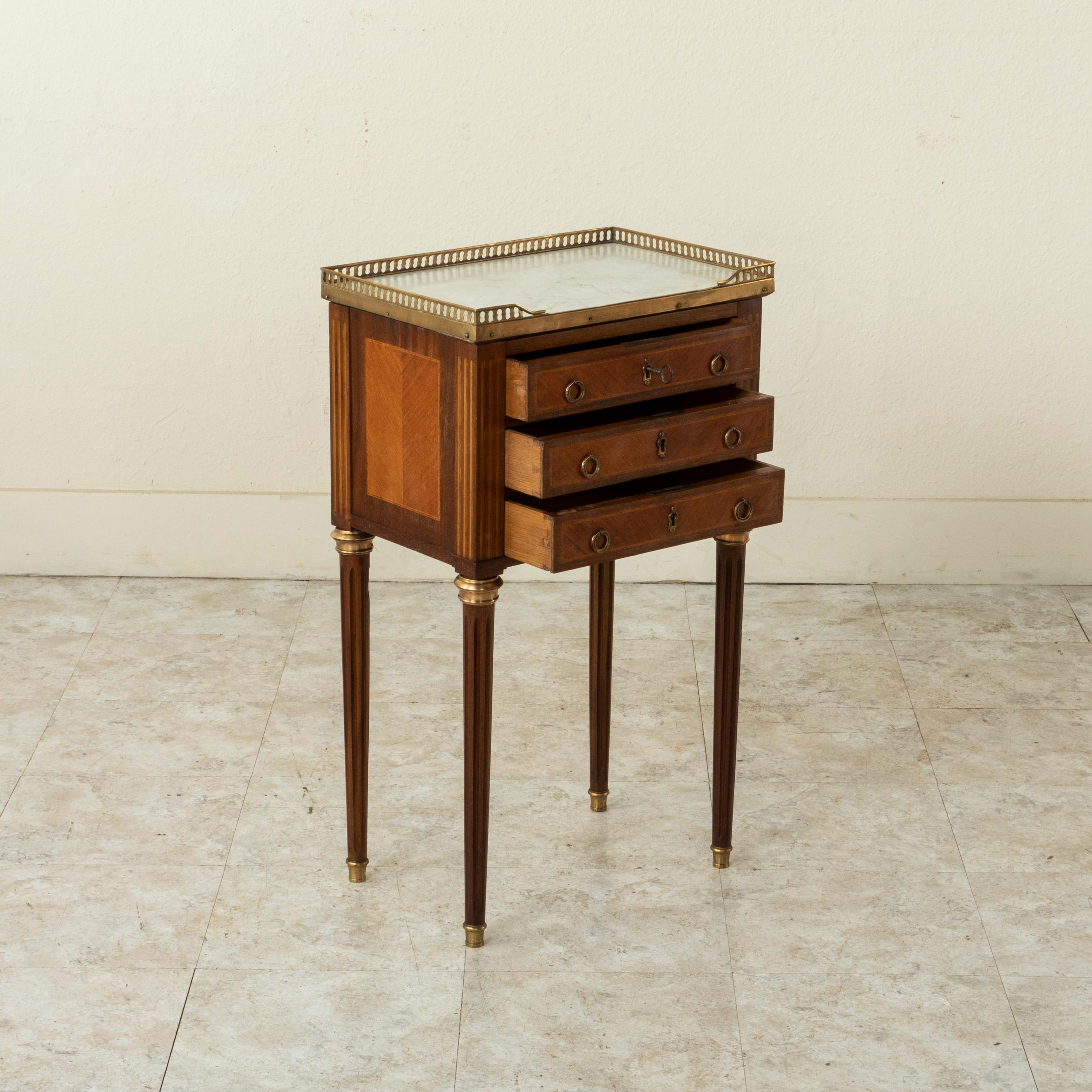 French Louis XVI Style Rosewood Marquetry Side Table, End Table with Marble Top 2
