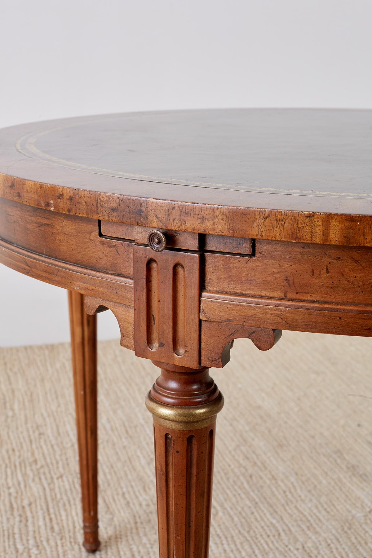 Brass French Louis XVI Style Round Leather Top Game Table