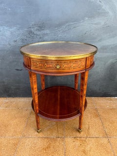 French Louis XVI Style Round Side Table with Marquetry and Drawer, 1930s