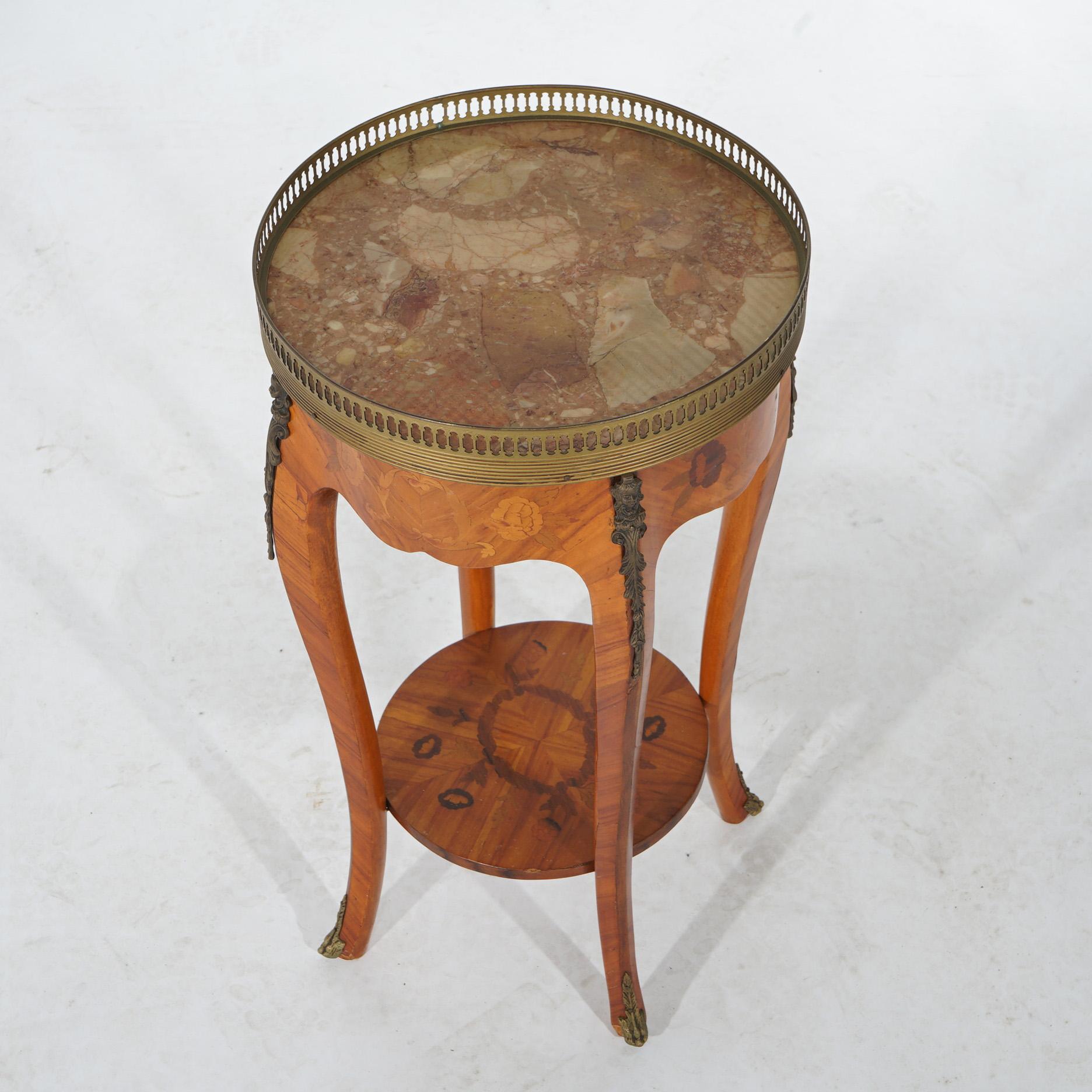 French Louis XVI Style Satinwood, Inlaid Marquetry & Rouge Marble Top Table with Pierced Gallery & Cabriole Legs, c1930

Measures- 24''H x 14.25''W x 14.25''D