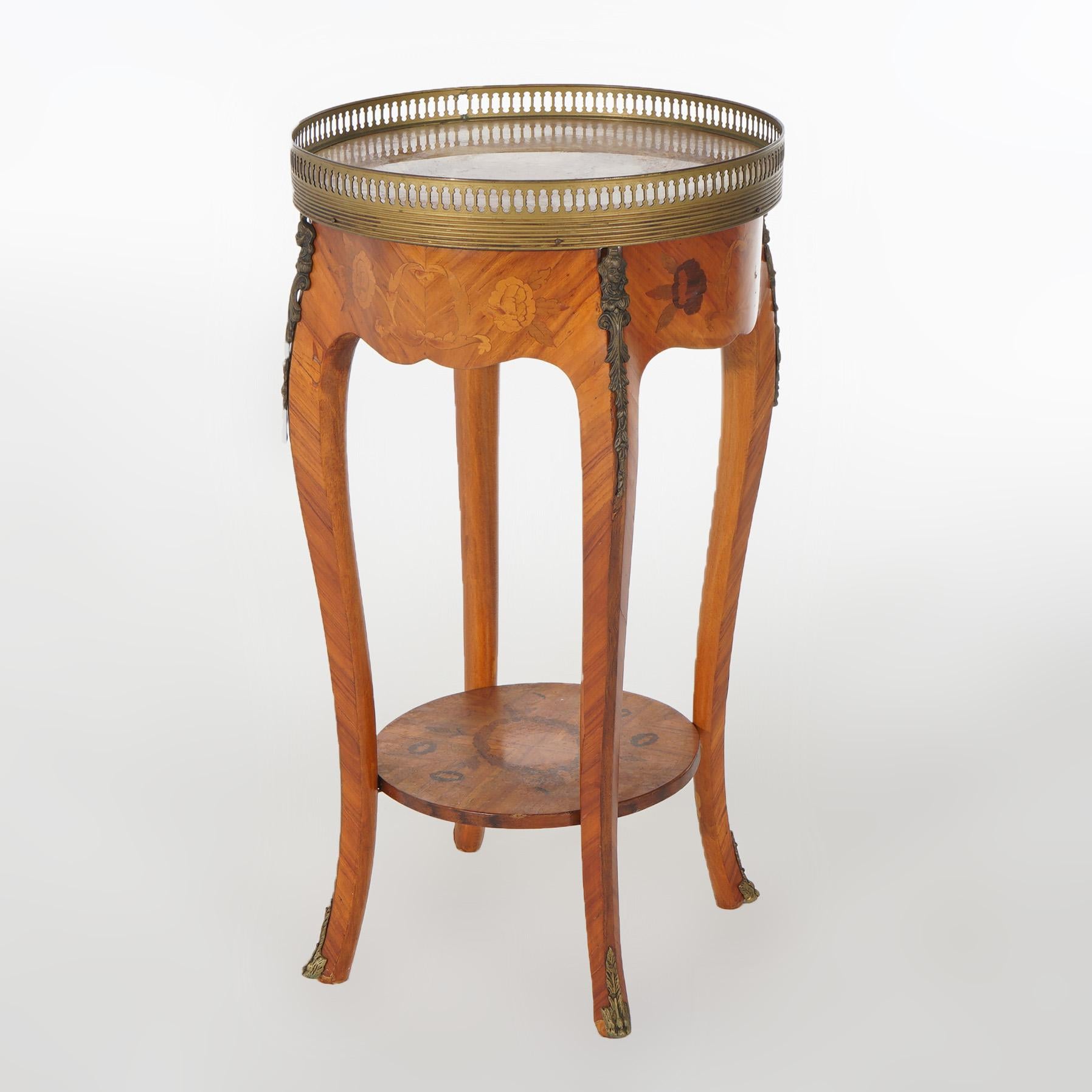20th Century French Louis XVI Style Satinwood, Inlaid Marquetry & Rouge Marble Top Table For Sale