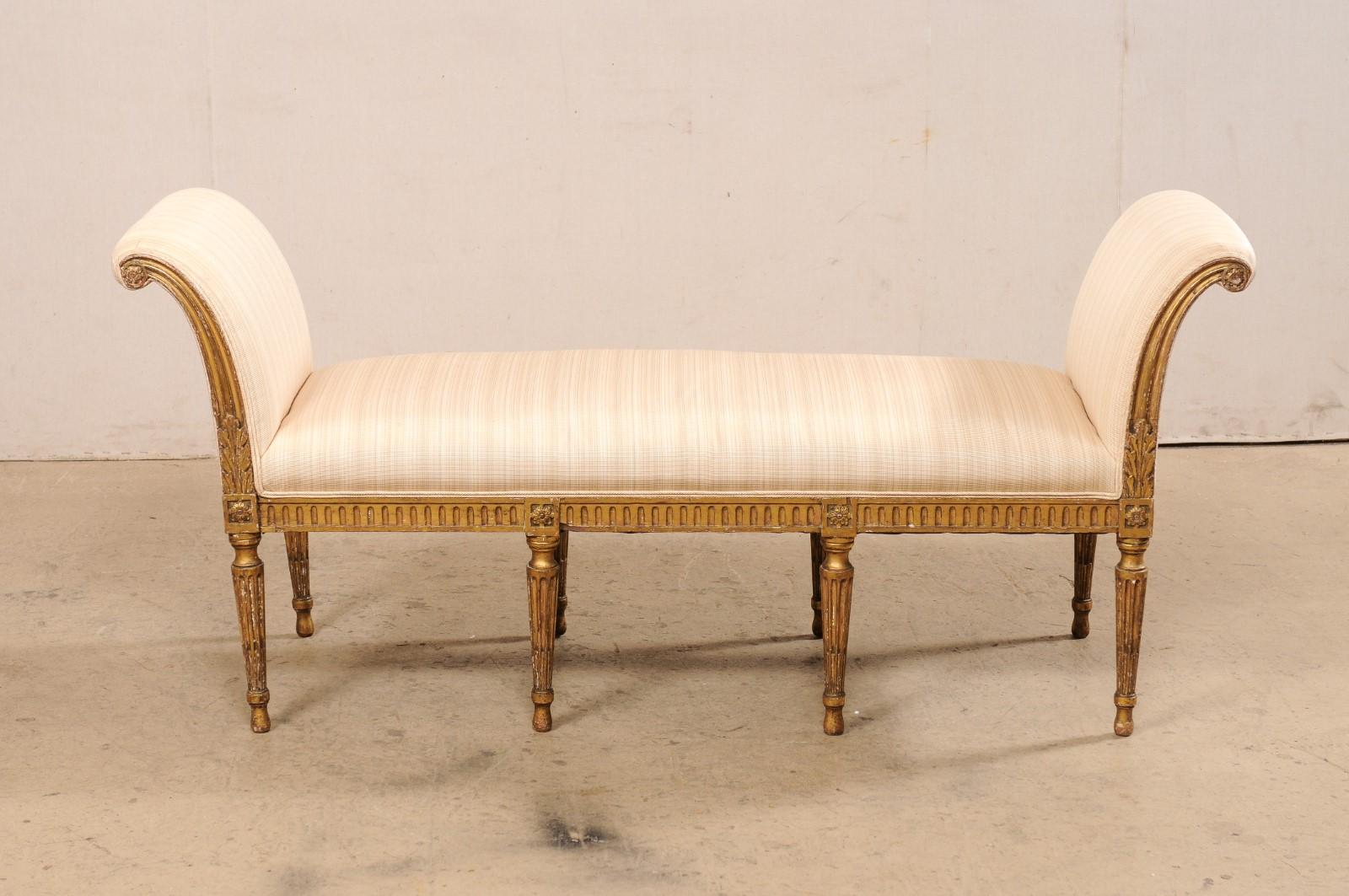 Upholstery French Louis XVI Style Scroll Arm Window Bench, Late 19th Century For Sale