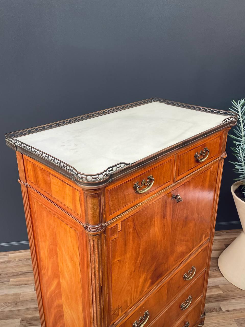 Brass French Louis XVI-Style Secretary Desk with Marble Top For Sale