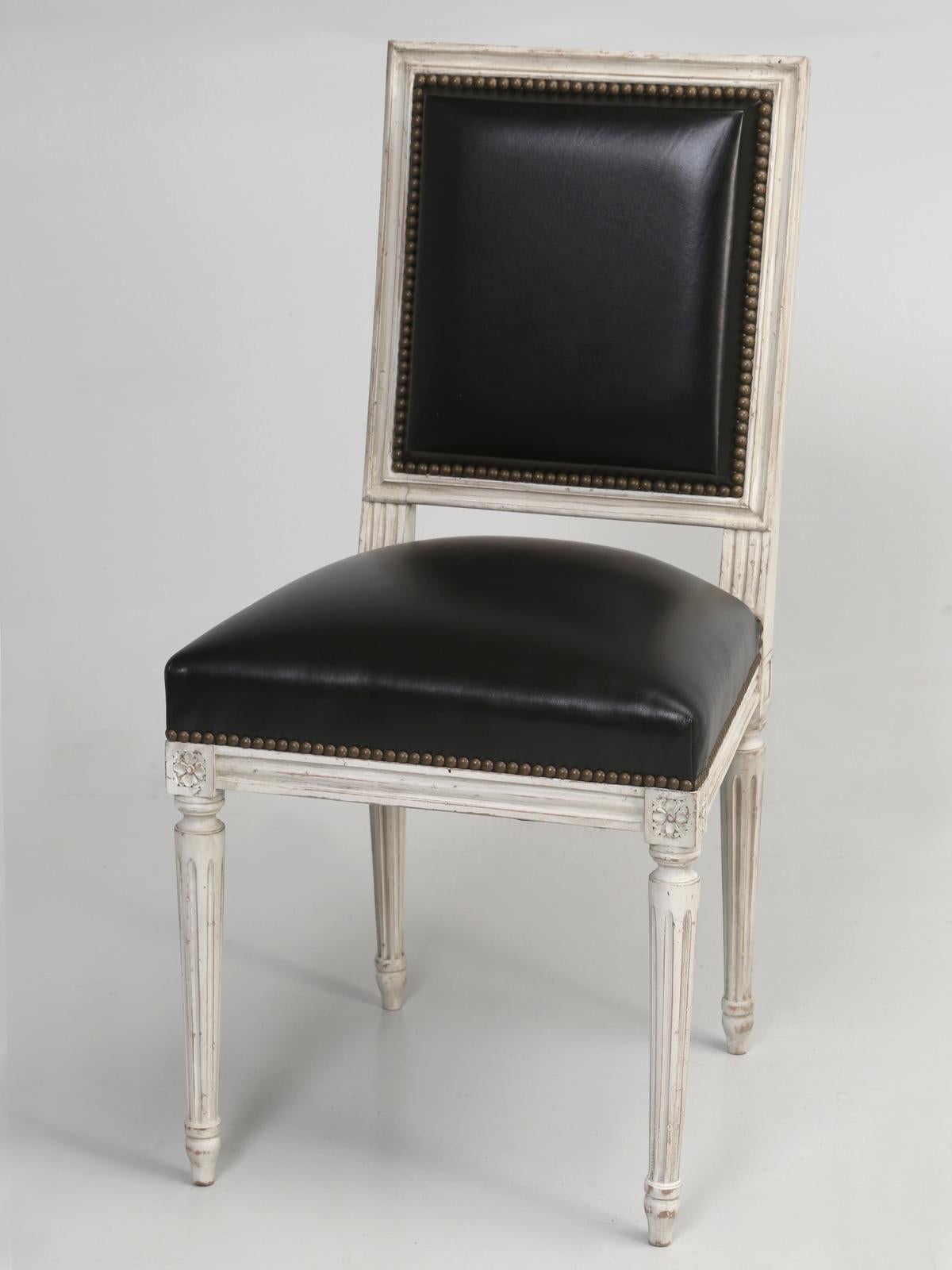 French Louis XVI Style, Set of (8) Painted Dining Chairs with Black Leather 5