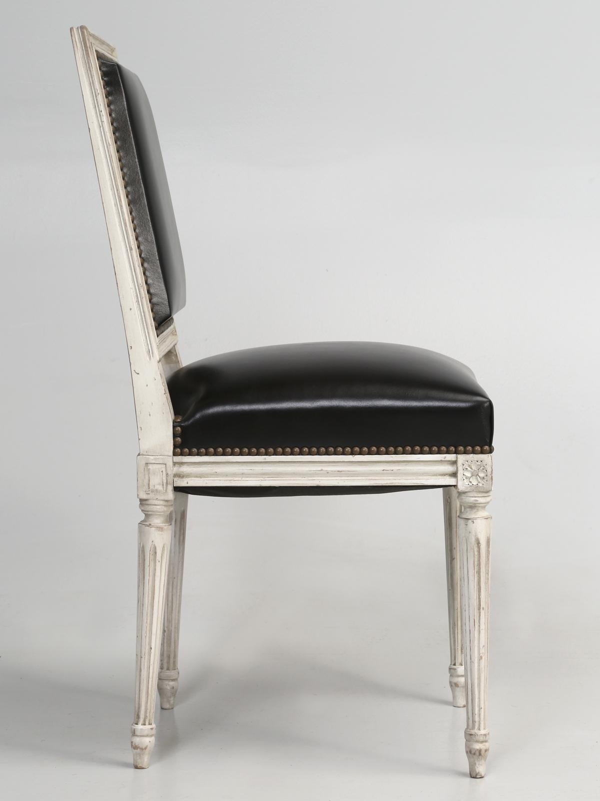 French Louis XVI Style, Set of (8) Painted Dining Chairs with Black Leather 6