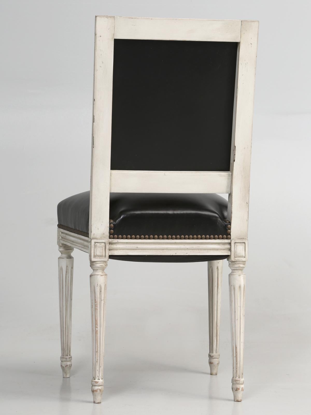 French Louis XVI Style, Set of (8) Painted Dining Chairs with Black Leather 7