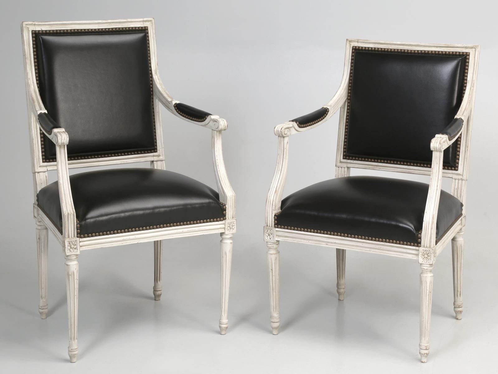 French Louis XVI Style, Set of (8) Painted Dining Chairs with Black Leather 8