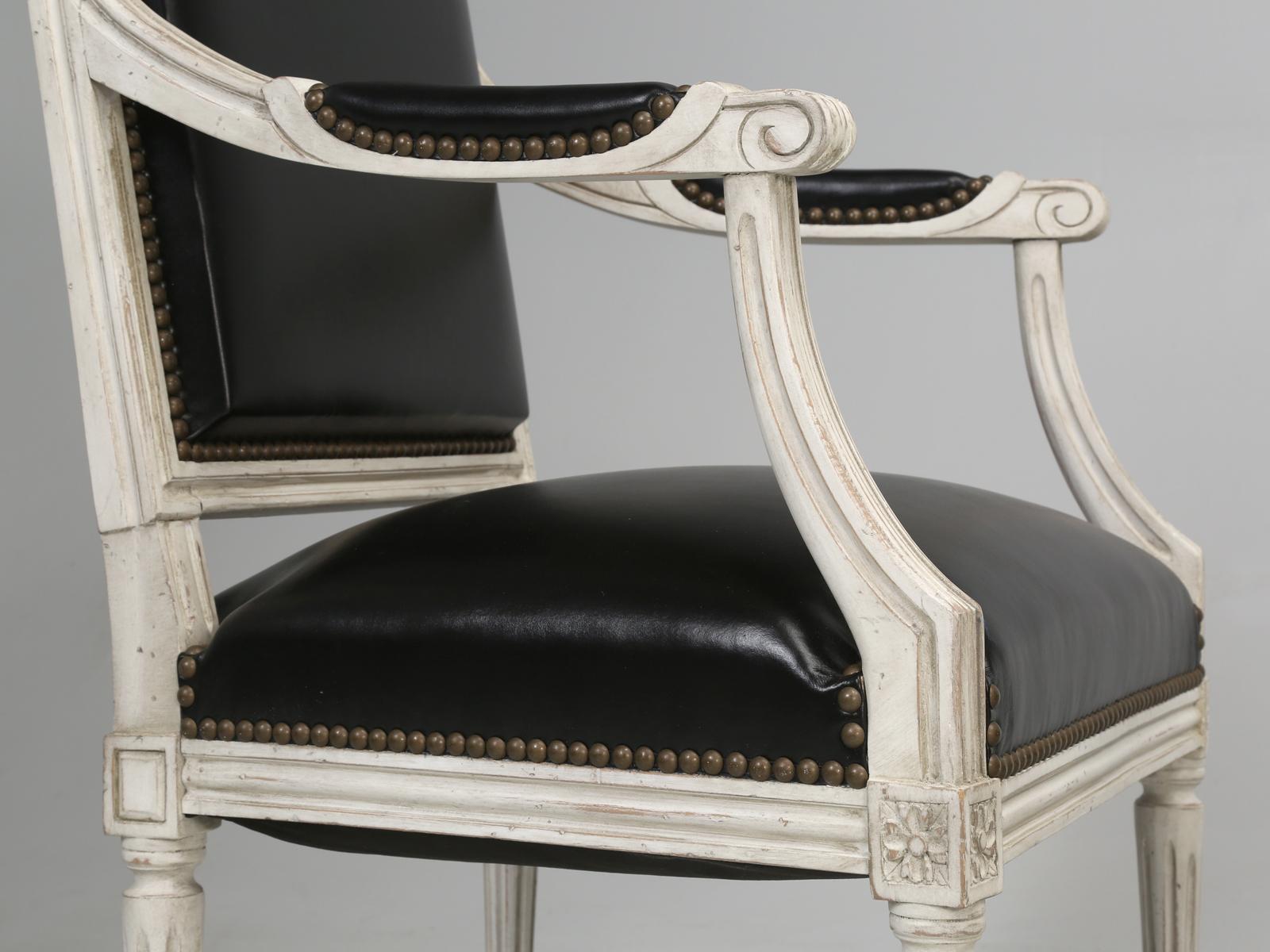 French Louis XVI Style, Set of (8) Painted Dining Chairs with Black Leather 11