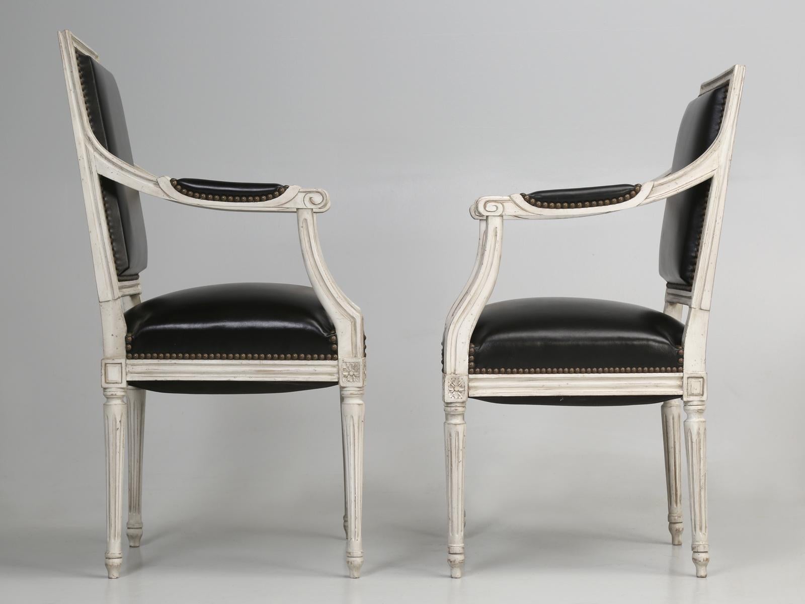 French Louis XVI Style, Set of (8) Painted Dining Chairs with Black Leather 13