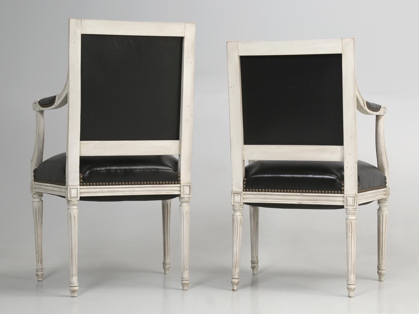 French Louis XVI Style, Set of (8) Painted Dining Chairs with Black Leather 14