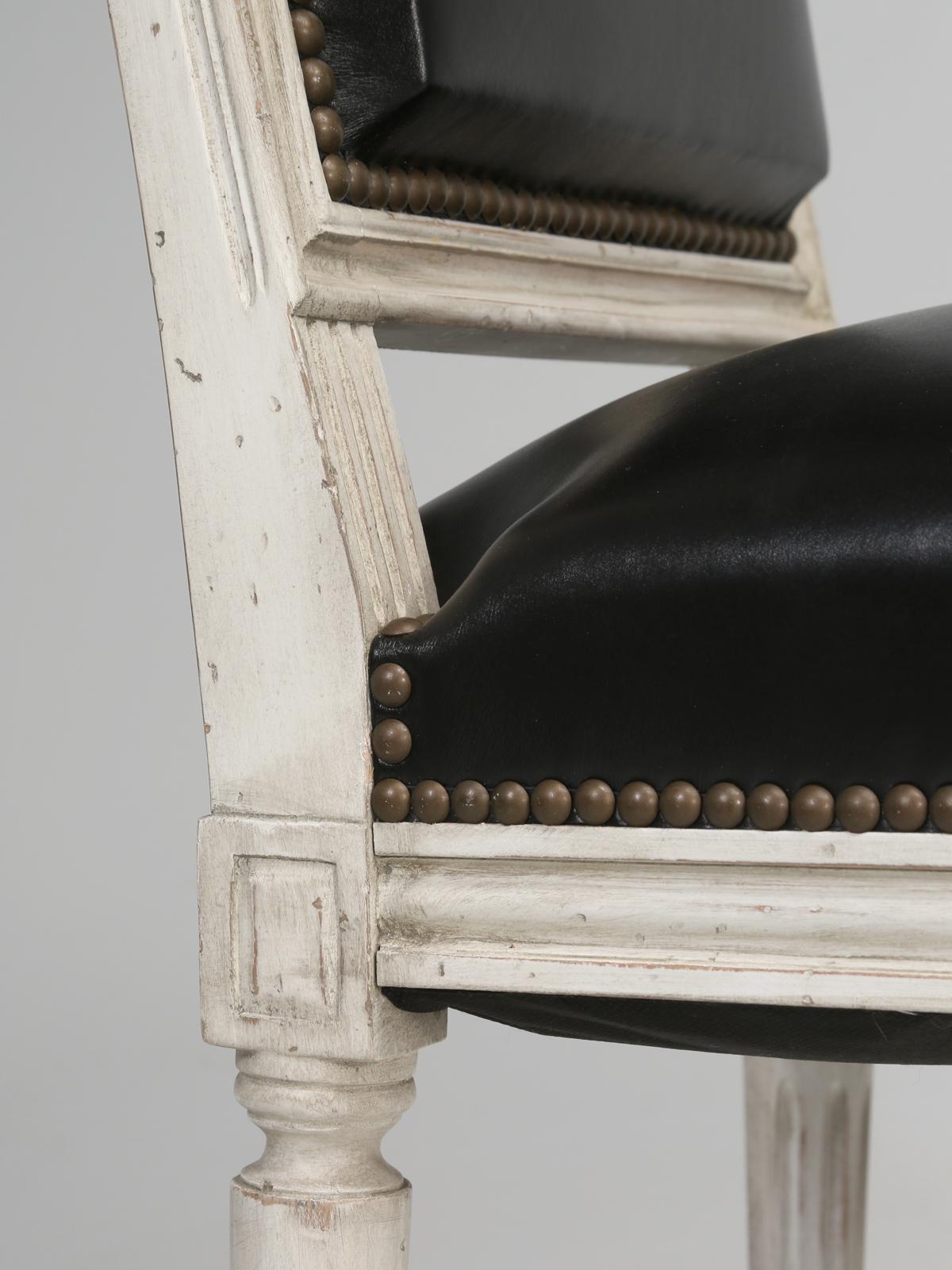 French Louis XVI Style, Set of (8) Painted Dining Chairs with Black Leather 3