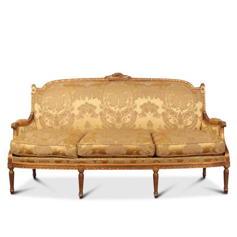 Very fine gilt and gold damask Louis XV-style, five piece salon set from Paris. Upholstery in perfect condition and very comfortable. Sold as a set, 20th century.

Measures: Settee is 69 inches wide x 30 inches deep x 41 inches tall x 19 inches