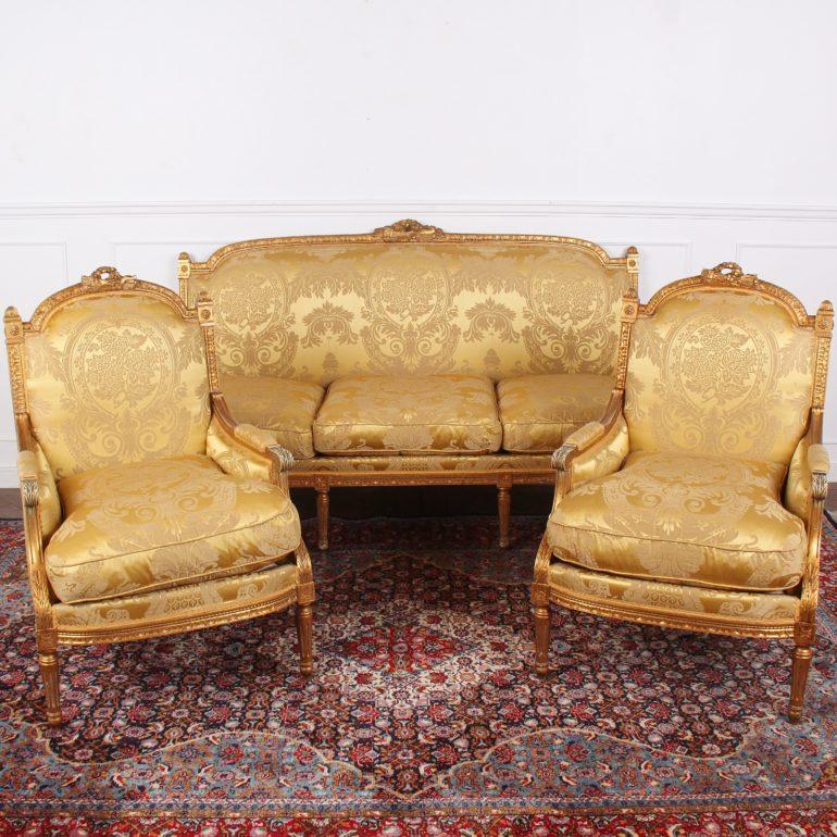 Damask French Louis XVI-Style Settee and 4 Chairs