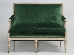 French Louis XVI Style Settee Original Putty Grey Paint, Clarence House Fabric