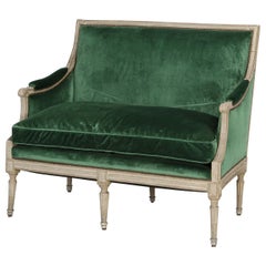 French Louis XVI Style Settee Original Putty Grey Paint, Clarence House Fabric