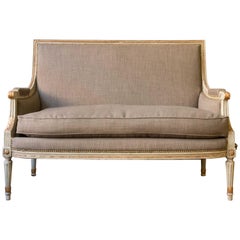 French Louis XVI Style Settee Upholstered in Grey Linen