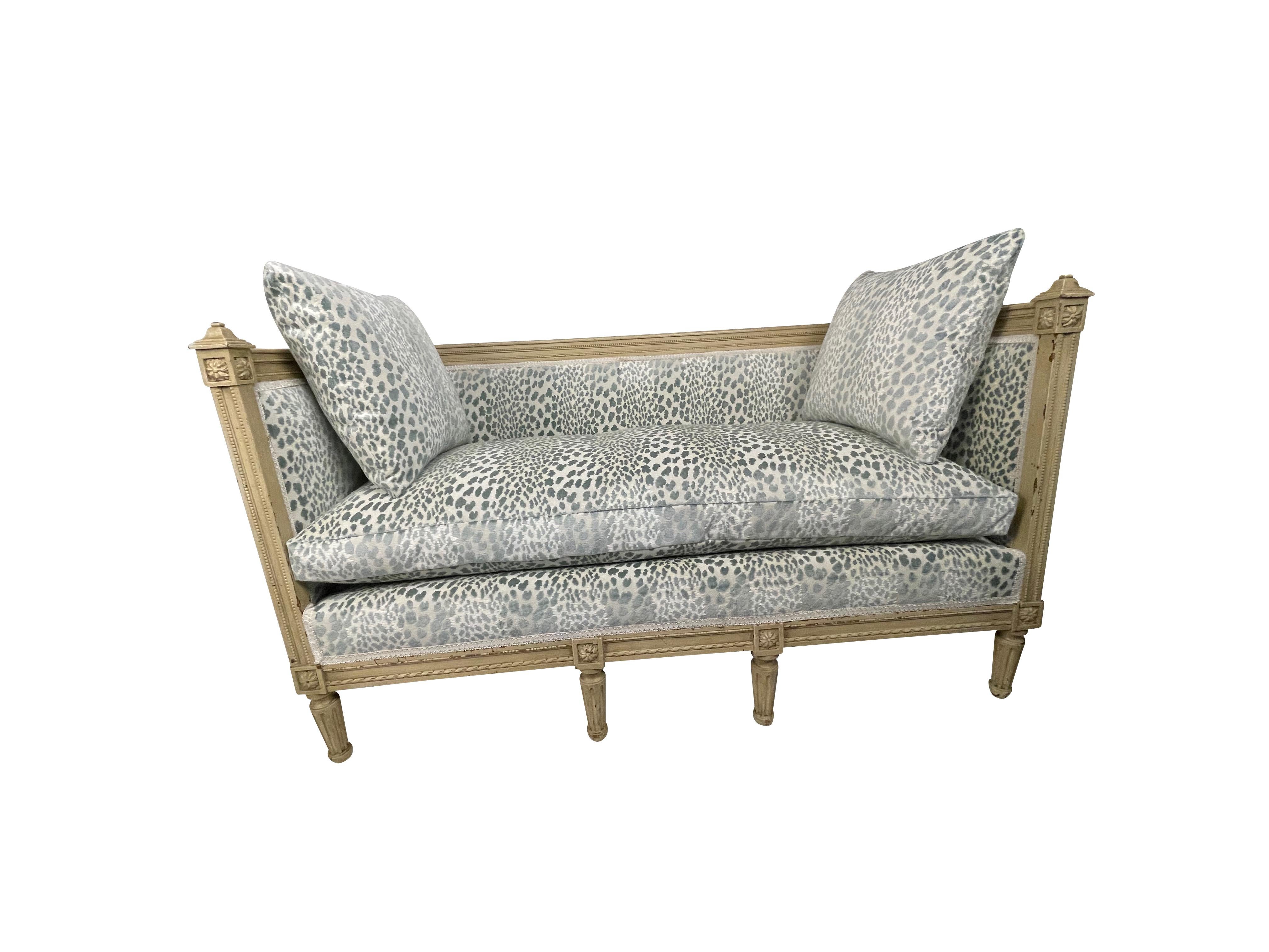 French Louis XVI Style Settee with Blue Animal Print Velvet  3