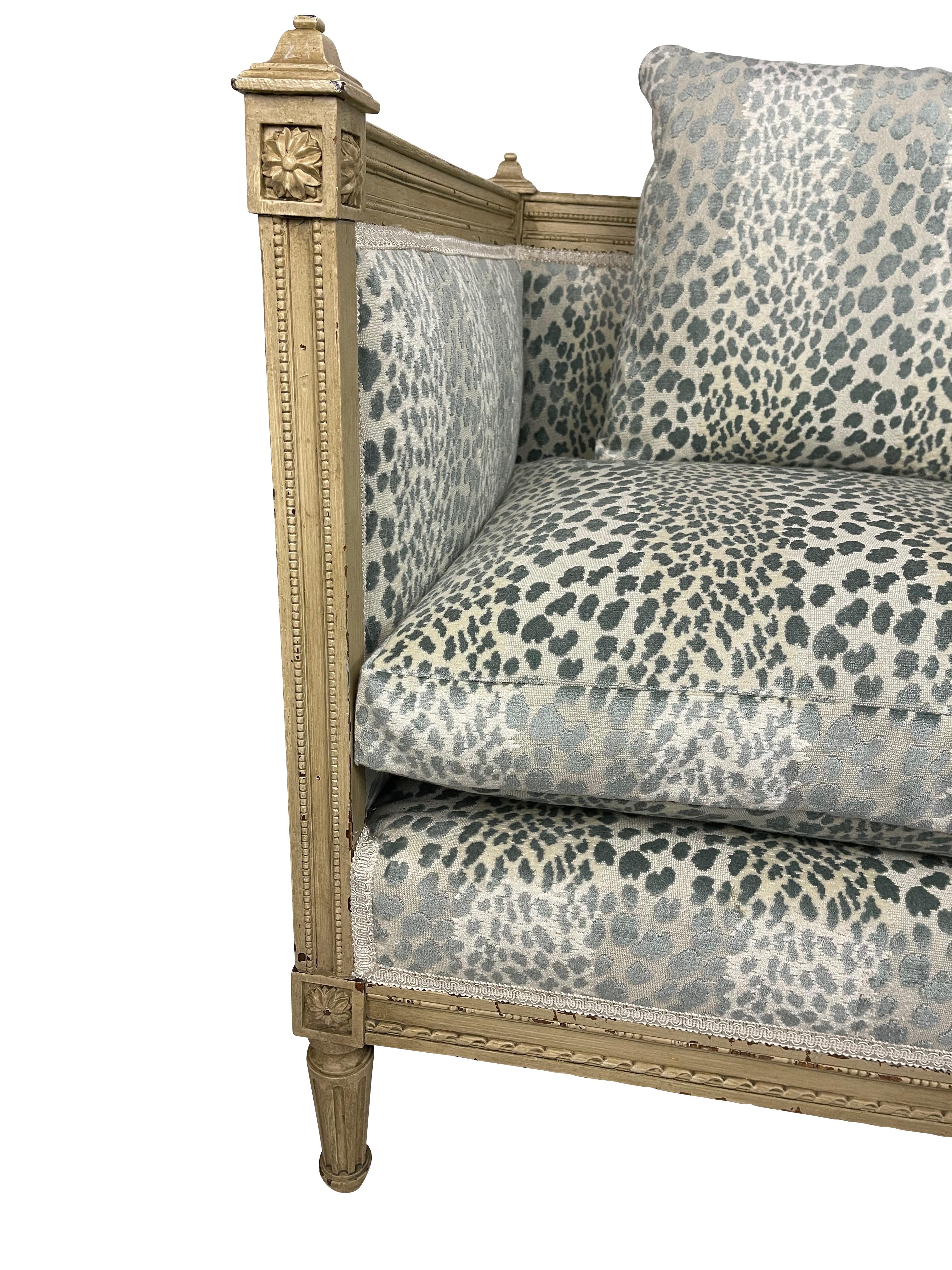 American French Louis XVI Style Settee with Blue Animal Print Velvet 