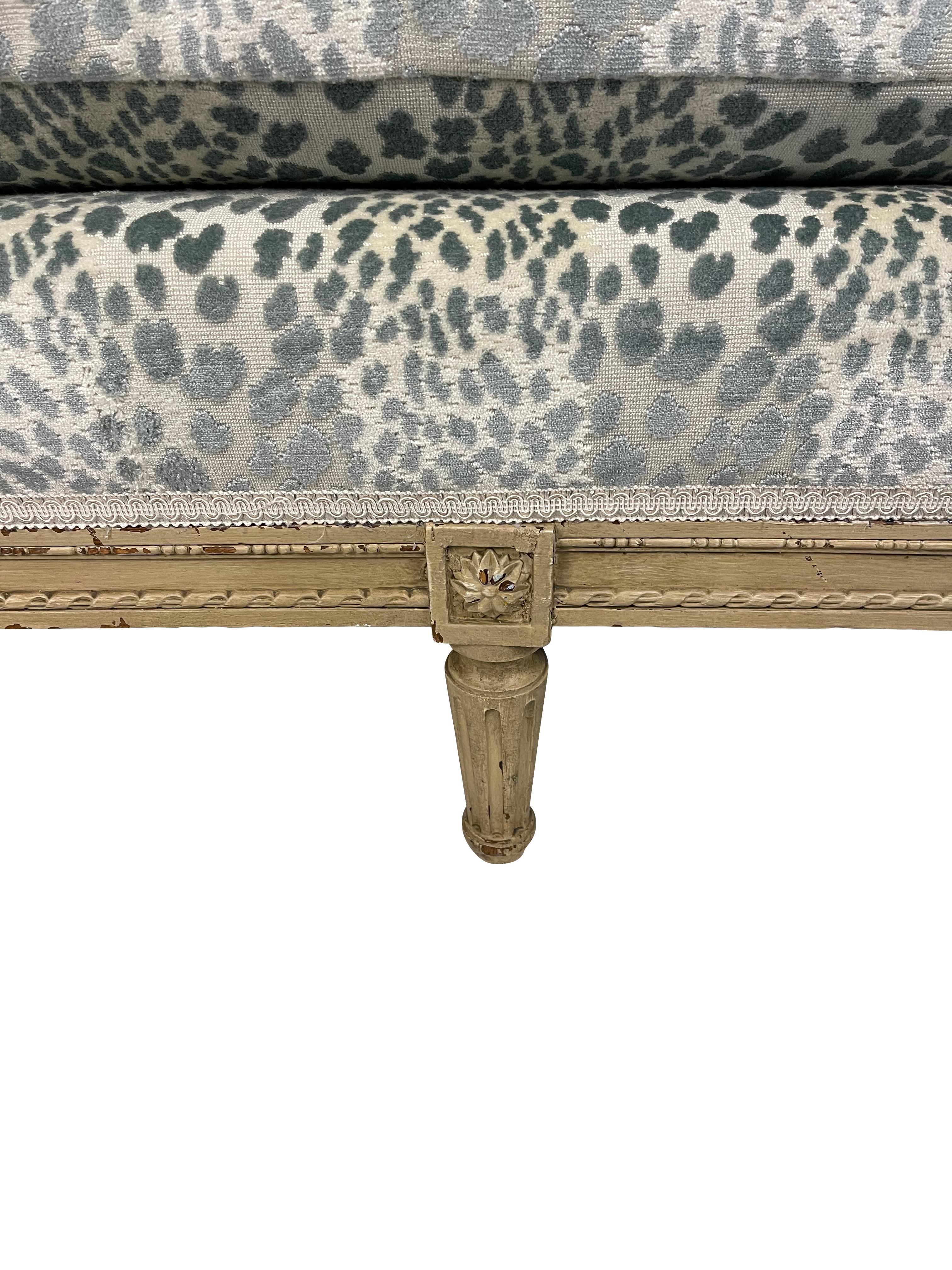 Carved French Louis XVI Style Settee with Blue Animal Print Velvet 