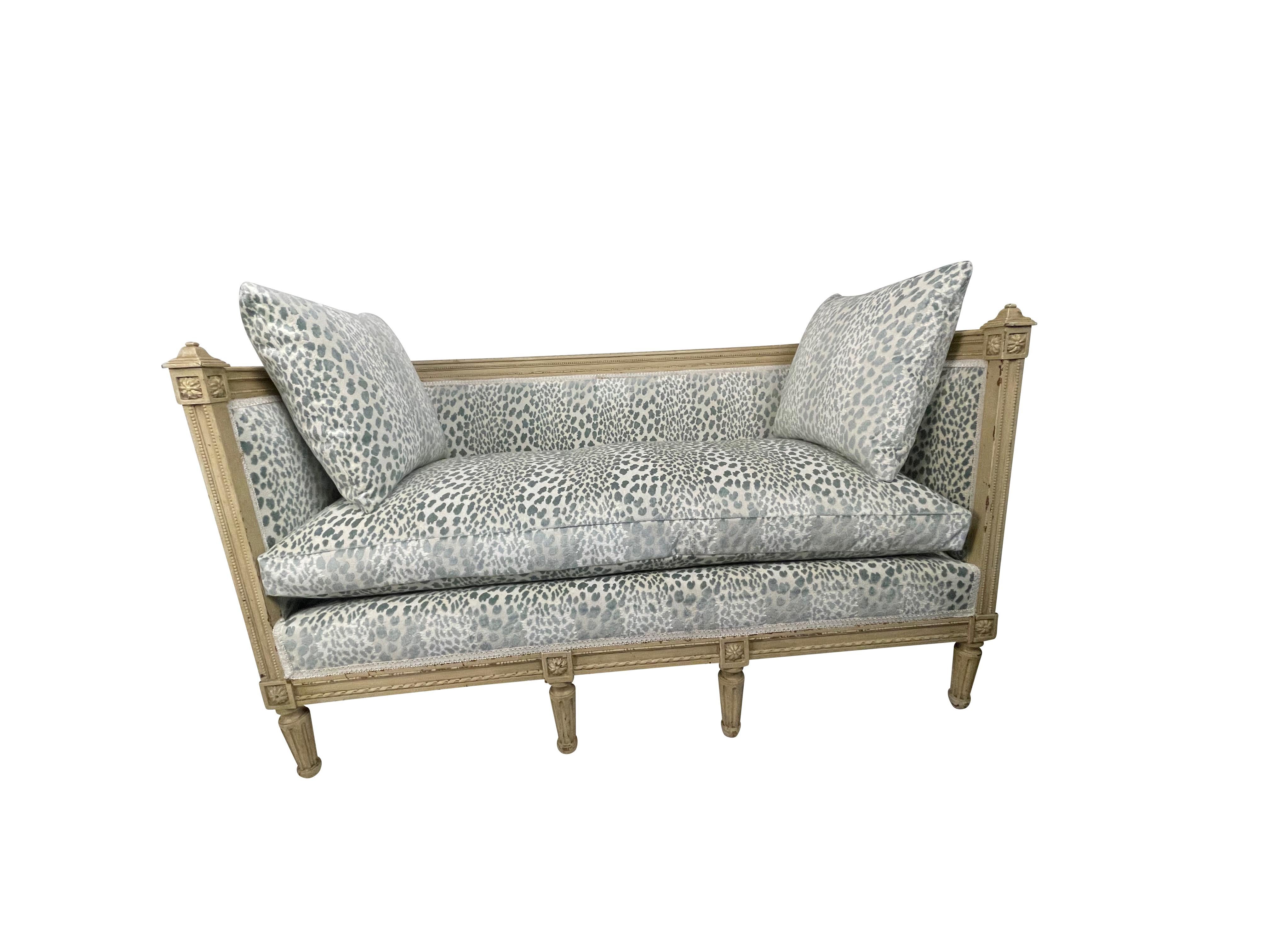 French Louis XVI Style Settee with Blue Animal Print Velvet  2