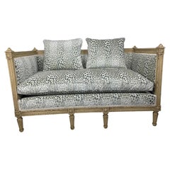 French Louis XVI Style Settee with Blue Animal Print Velvet 