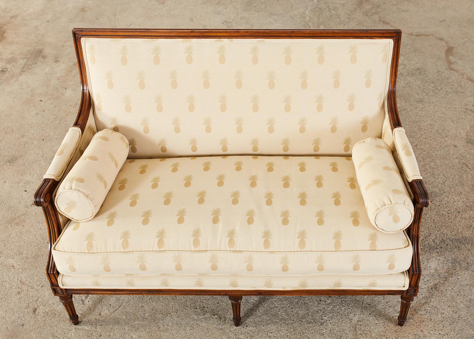 American French Louis XVI Style Settee with Pineapple Motif Fabric